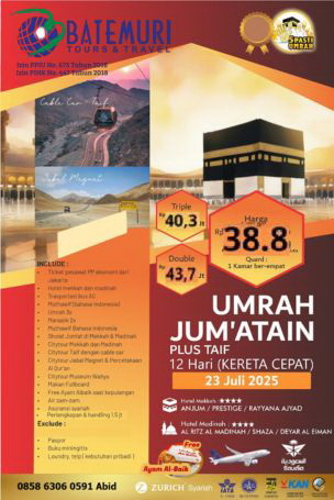 Paket Umrah Reguler Jumatain ,Plus Thaif, Plus Kereta Cepat, Btt Ahz, 12 hari, Keberangkatan 23 Juli  2025